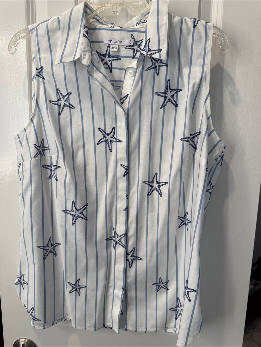 Chico's White Sleeveless Button-Up with Navy Starfish and Blue Stripes